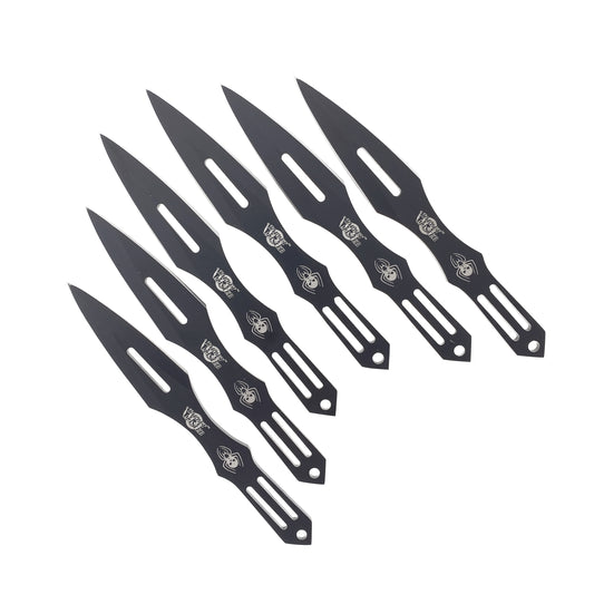 Falcon spider skull throwing knives set with six black steel knives featuring spider and skull designs