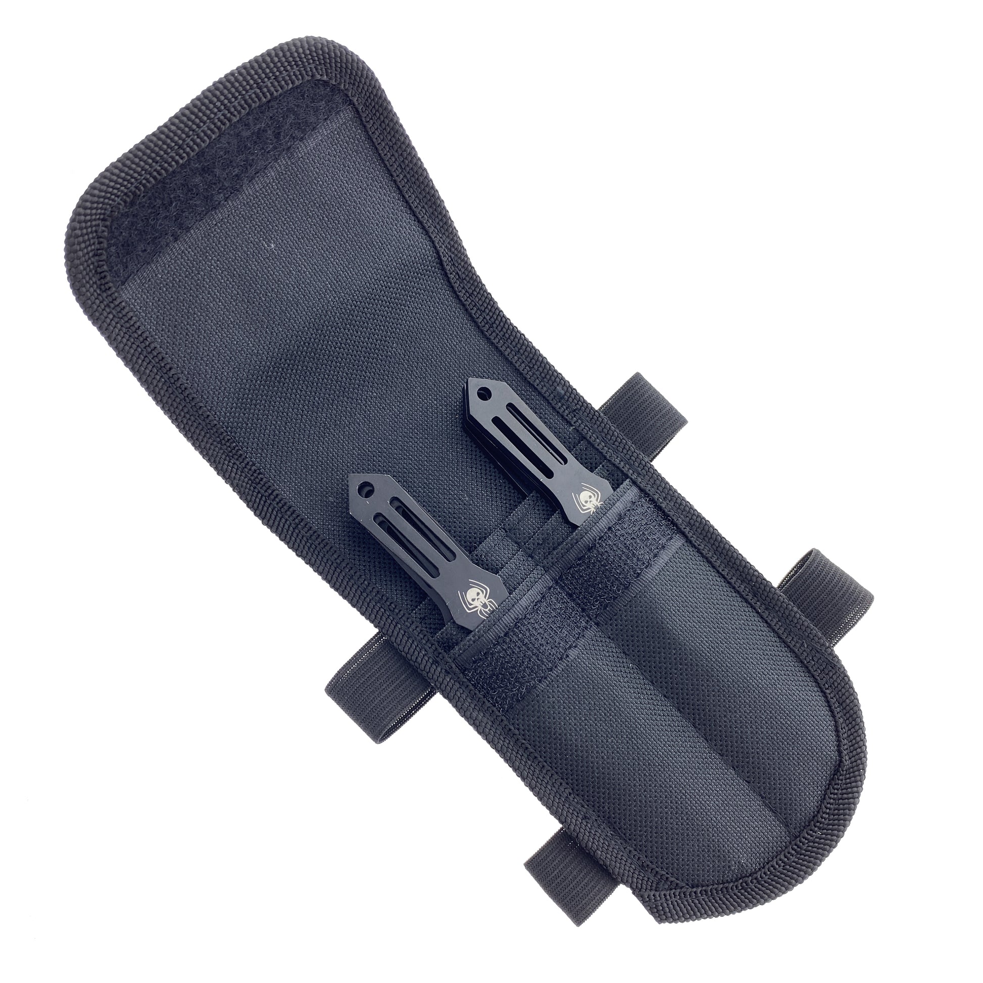 Falcon spider skull throwing knives set with two black knives in a black fabric carrying case