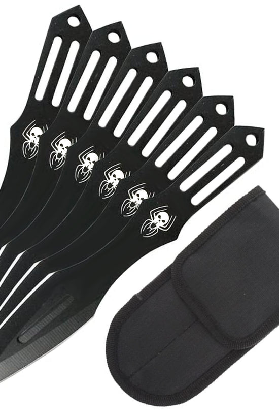 Falcon spider skull throwing knives set with black blades and spider skull design including carrying pouch