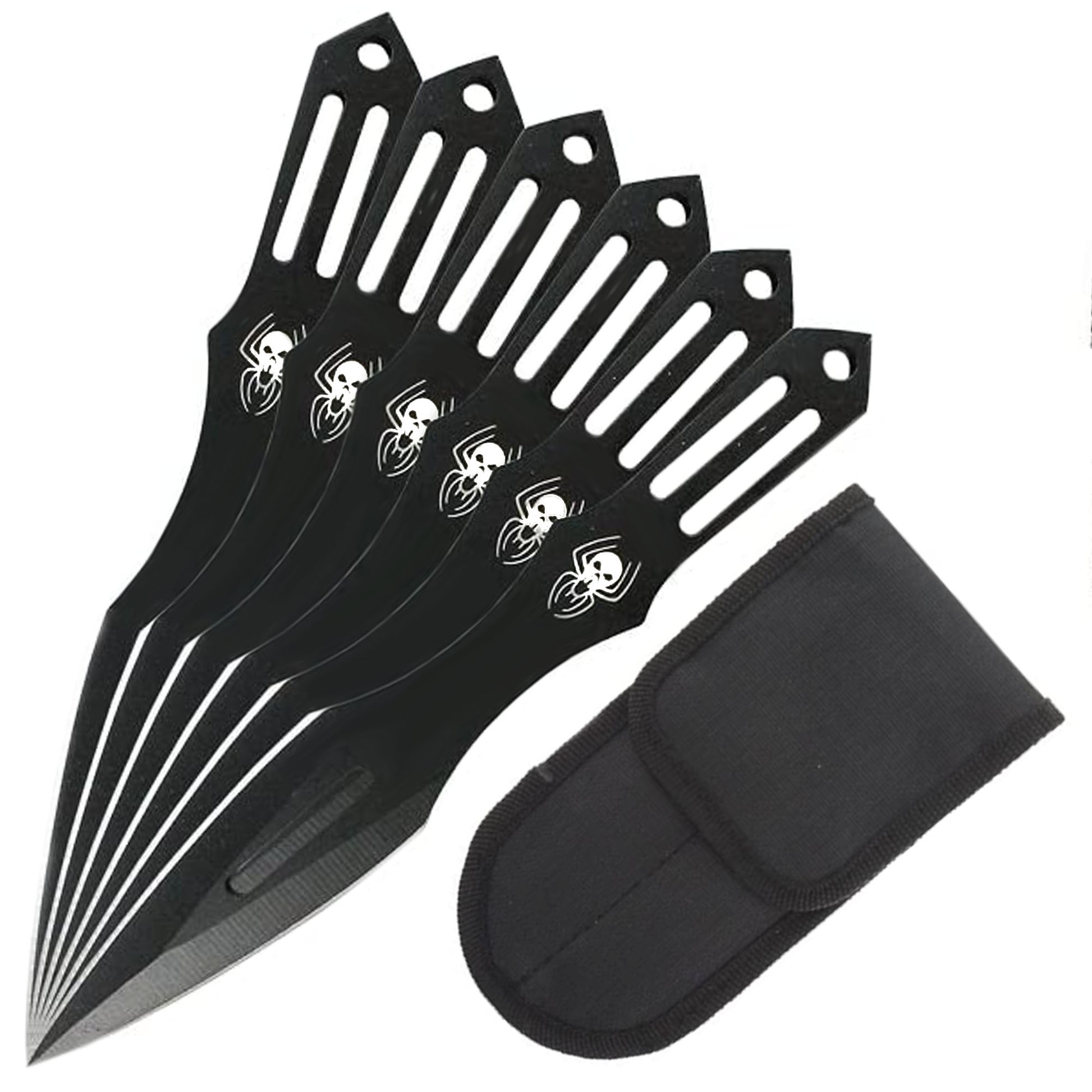 Falcon spider skull throwing knives set with black blades and spider skull design including carrying pouch