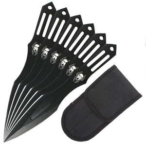 Falcon spider skull throwing knives set with black blades and spider skull design including carrying pouch