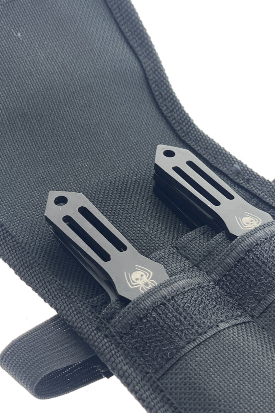 Falcon spider skull throwing knives set with black blades and spider skull design in black carrying case