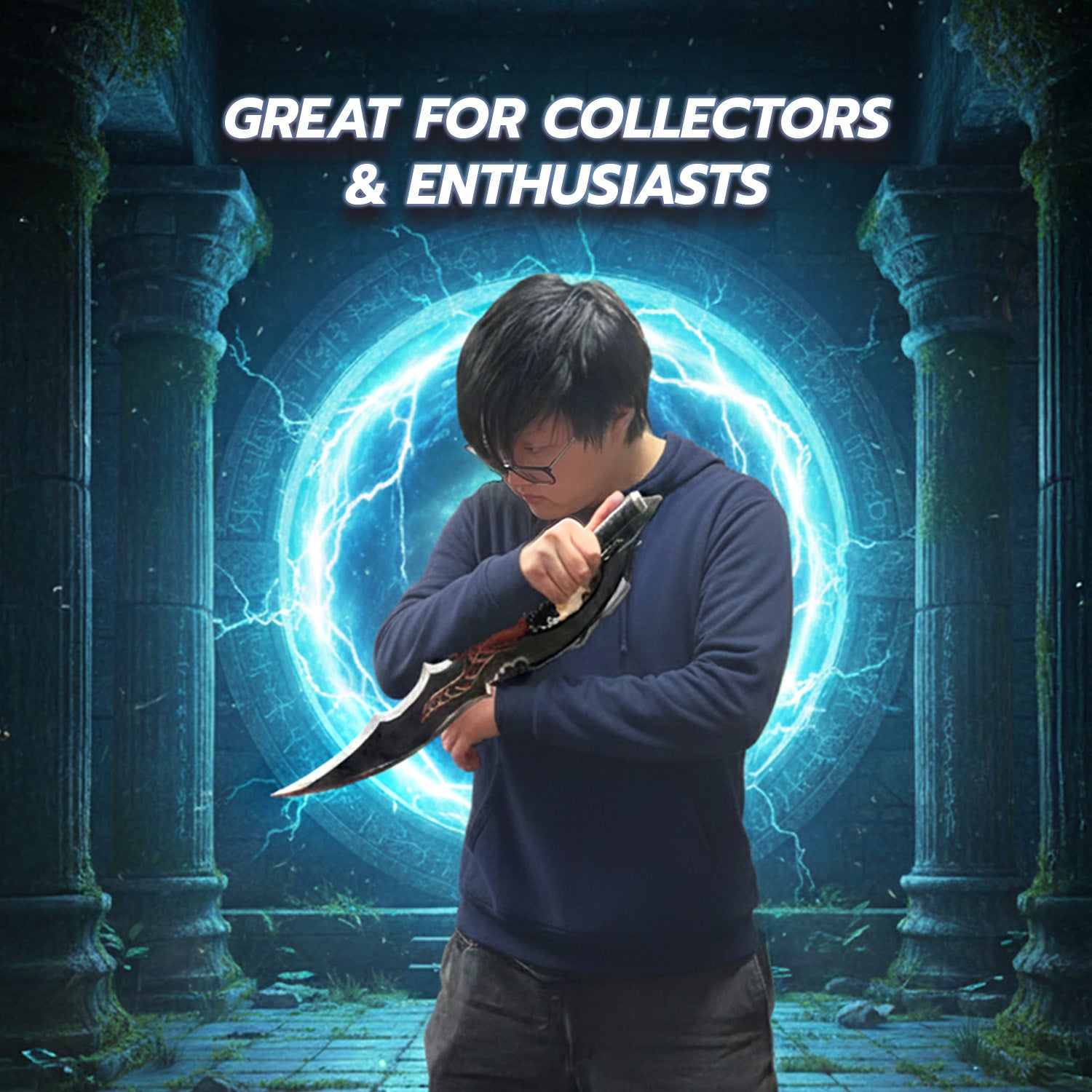 Venom Fang Anime Foam Dagger for Cosplay held by a fan in a mystical background