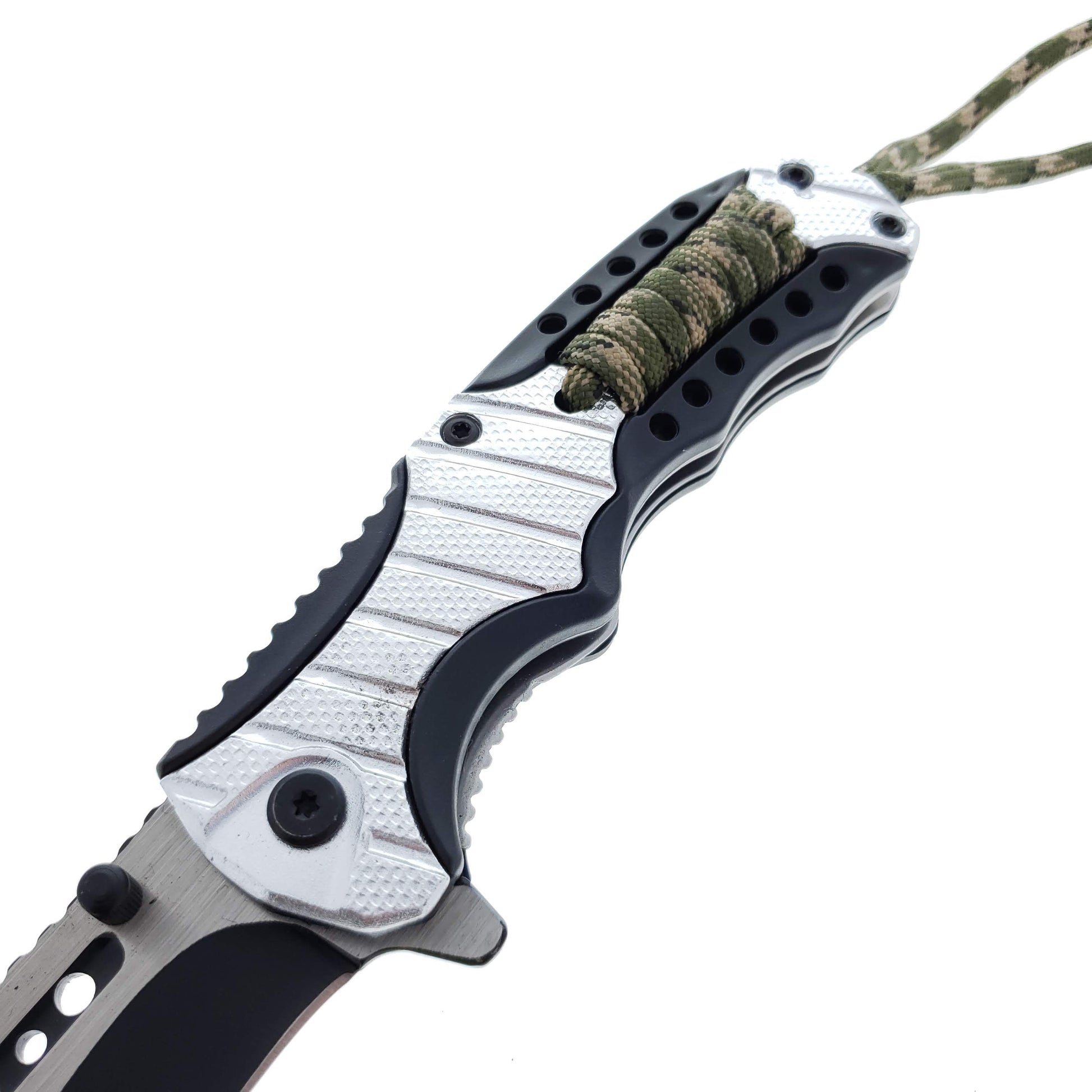 Falcon 8" Spring Assisted Knife Black & Silver Handle w/ paracord