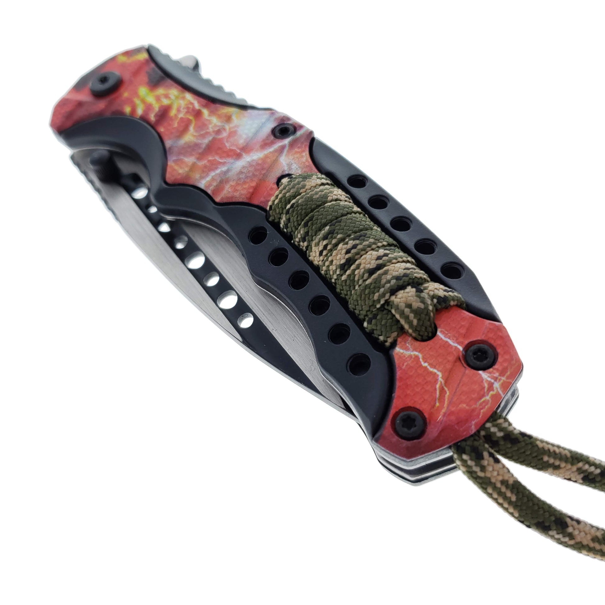 Falcon 8" Spring Assisted Knife Red Thunder Handle w/ paracord