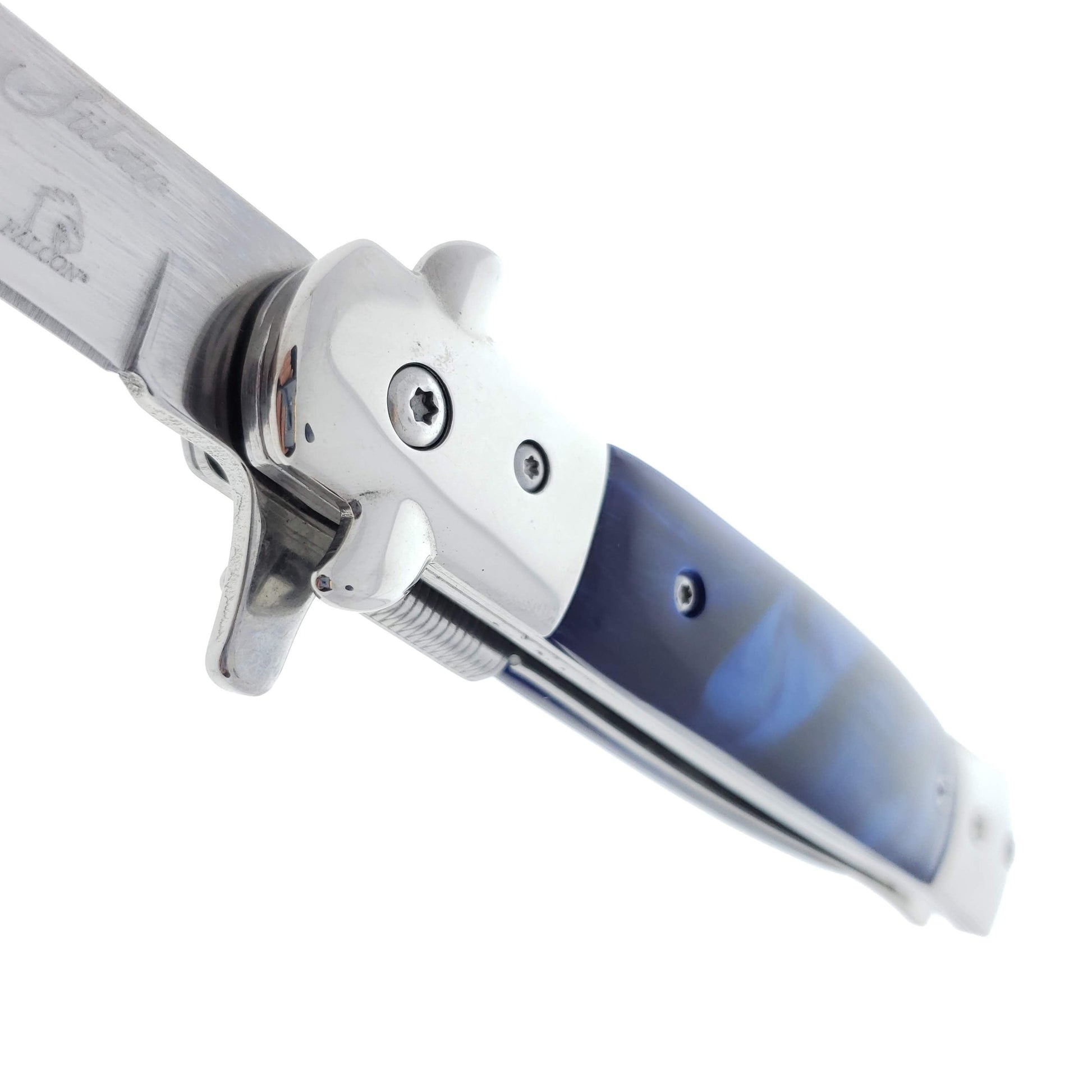 Falcon 9" Folding Knife w/ Blue Acrylic handle.