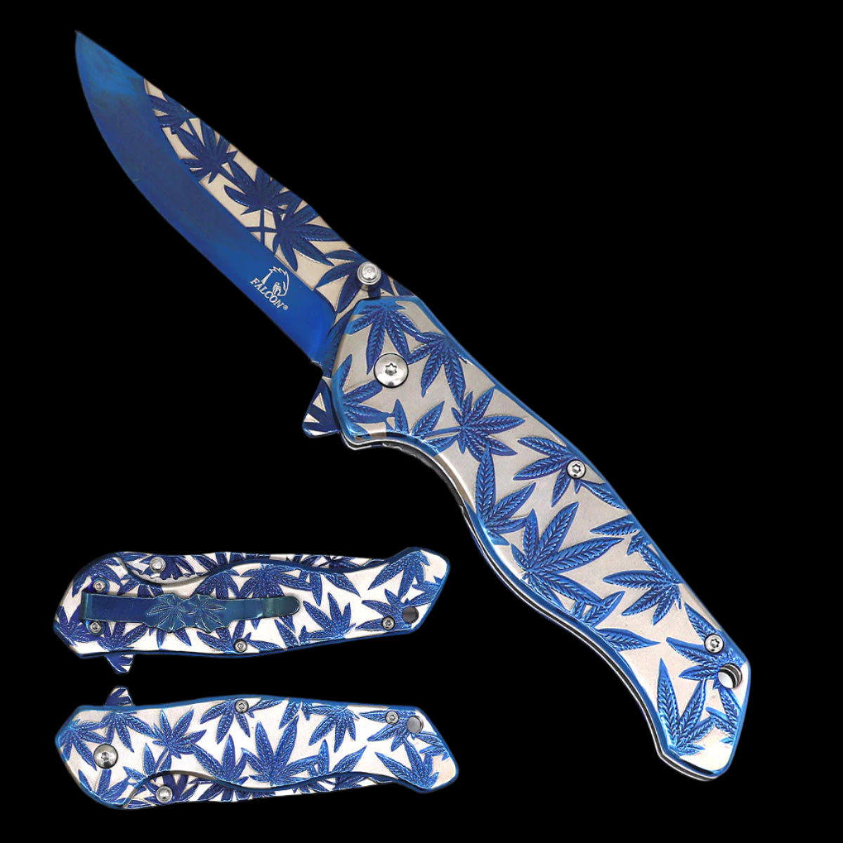 Falcon 8" Knife w Blue Marijuana Design with Spring Assisted Opening and Durable Handle