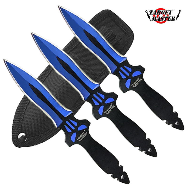 6" Overall 3 PC Blue Throwing Knife Set w/ Sheath