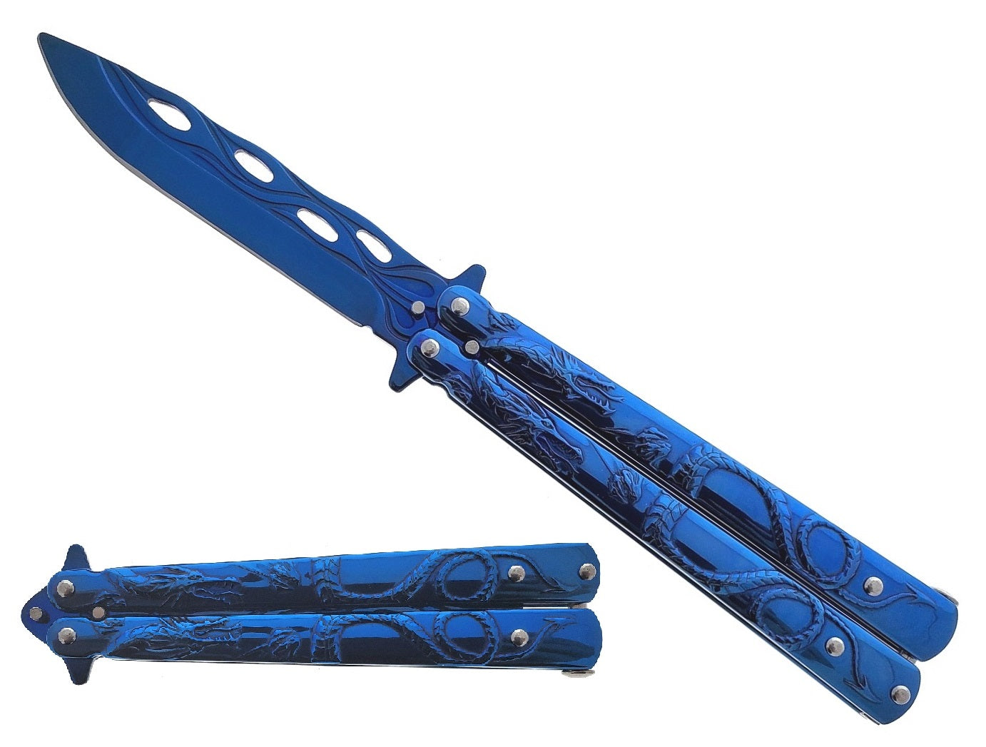 8" Overall Practice Butterfly Knife w/Dragon Engraved Handle