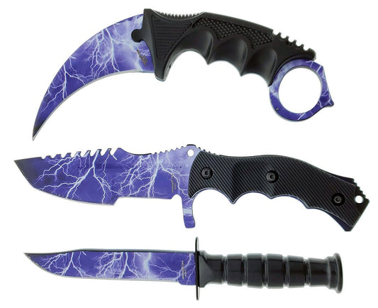 Falcon 3 PCS Blue Thunder Set. Tactical Knives & Karambit