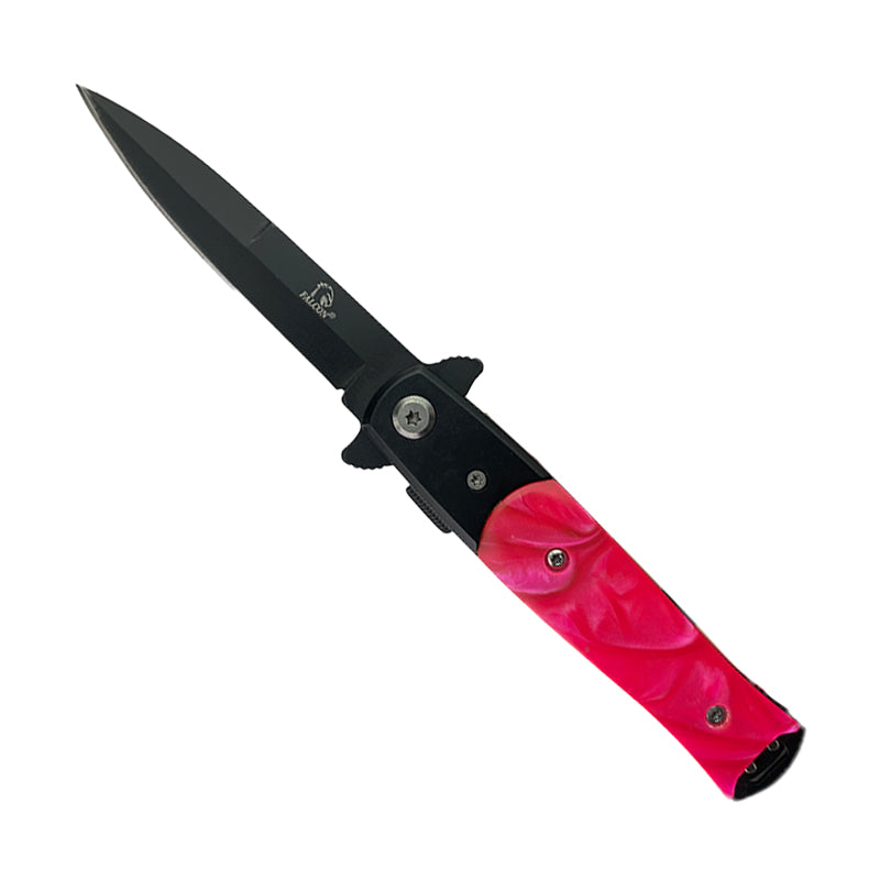 7" Overall Spring Assisted Knife Black w/Faux Pink Marble Handle