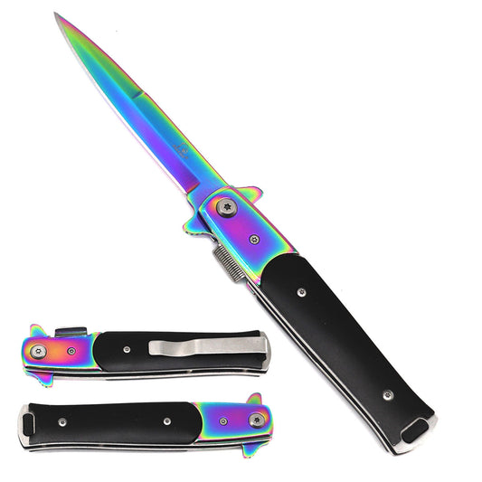 Falcon 8" Rainbow Blade Black Handle Spring Assisted Knife