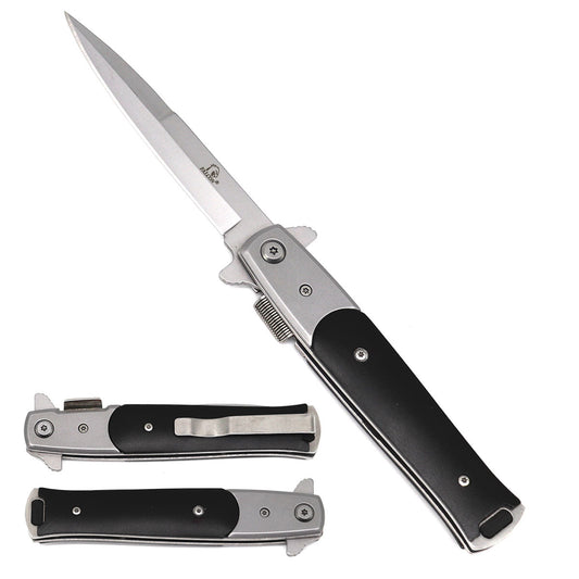 Falcon 8" Silver Blade Black Handle Spring Assisted Knife