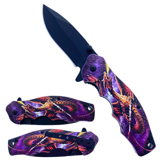 7.5" Spring Assisted Knife ABS Purple Dragon Design