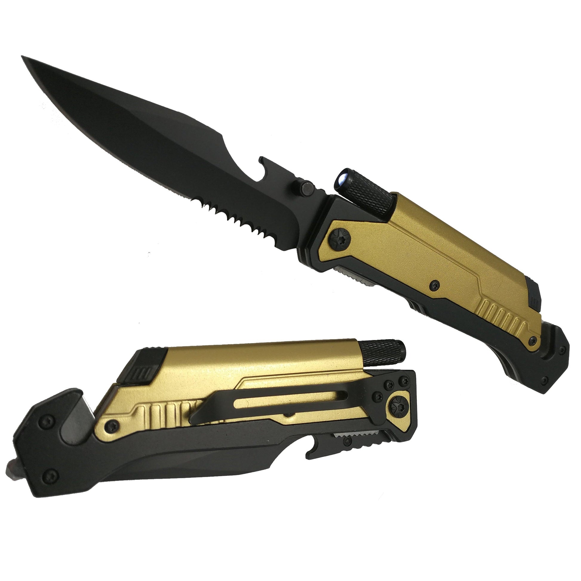 8 1/2" Folding Knife with LED light, cutter, glass breaker