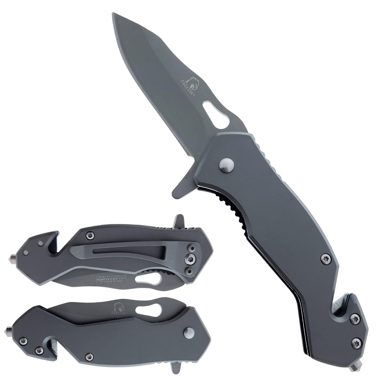 Falcon 6.25" Overall Length Gray Spring Assisted Knife w/ Belt Clip