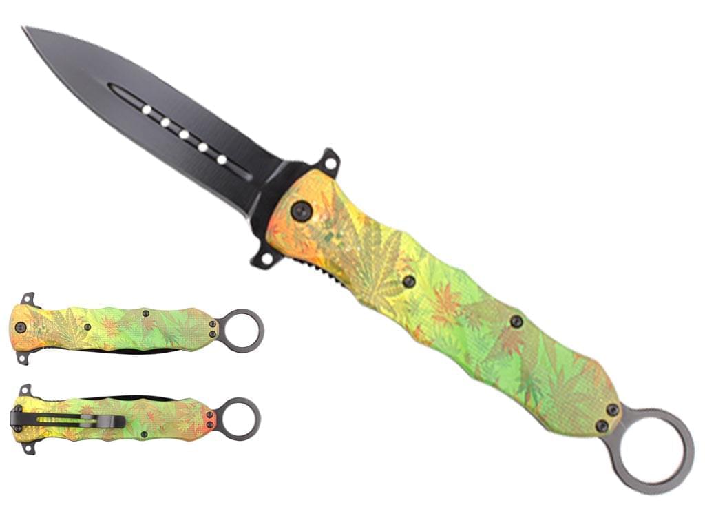 10" Pocket Knife with belt clip, Marijuana handle