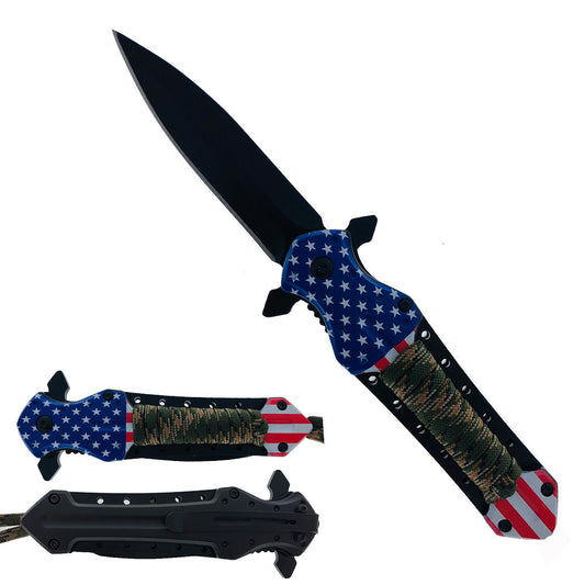 Falcon 9" Black Blade US Flag Handle Spring Assisted Knife