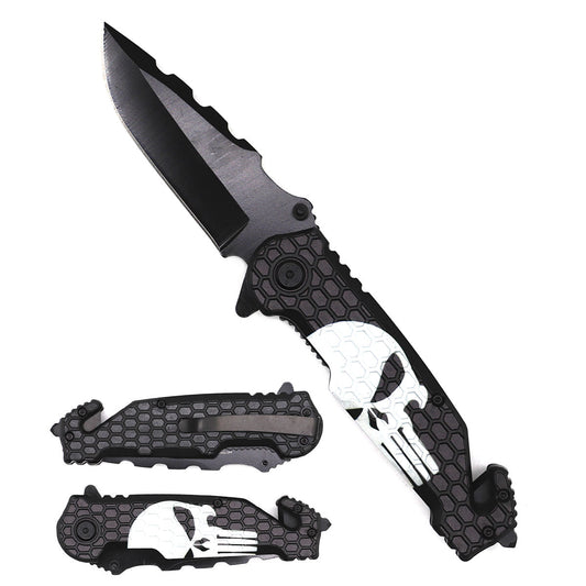 8.25" Spring Assisted Pocket Knife Skull Handle