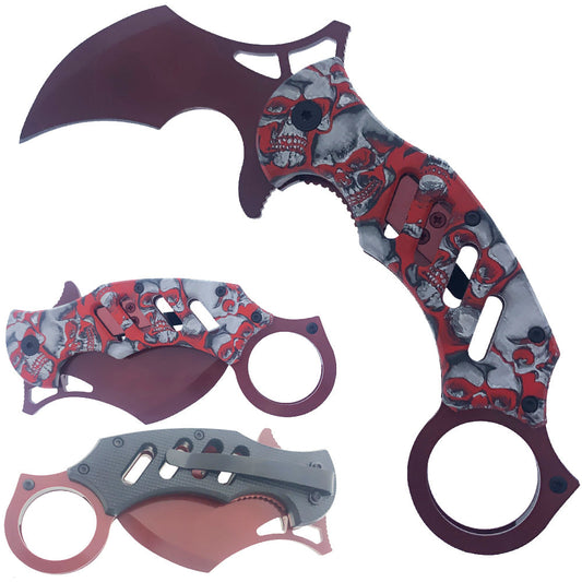 8" Karambit Knife Red Skulls Handle