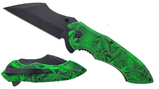 7.75" Green Marijuana Spring Assisted Pocket Knife