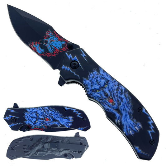 8" Silver Spring Assisted Knife 3D Blue Wolf