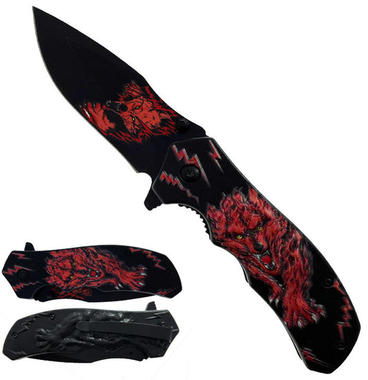 8" Silver Spring Assisted Knife 3D Red Wolf