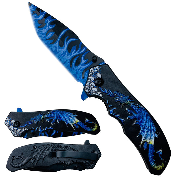 8.25" Overall in Length Spring Assisted Knife Blue Dragon Blue Flames