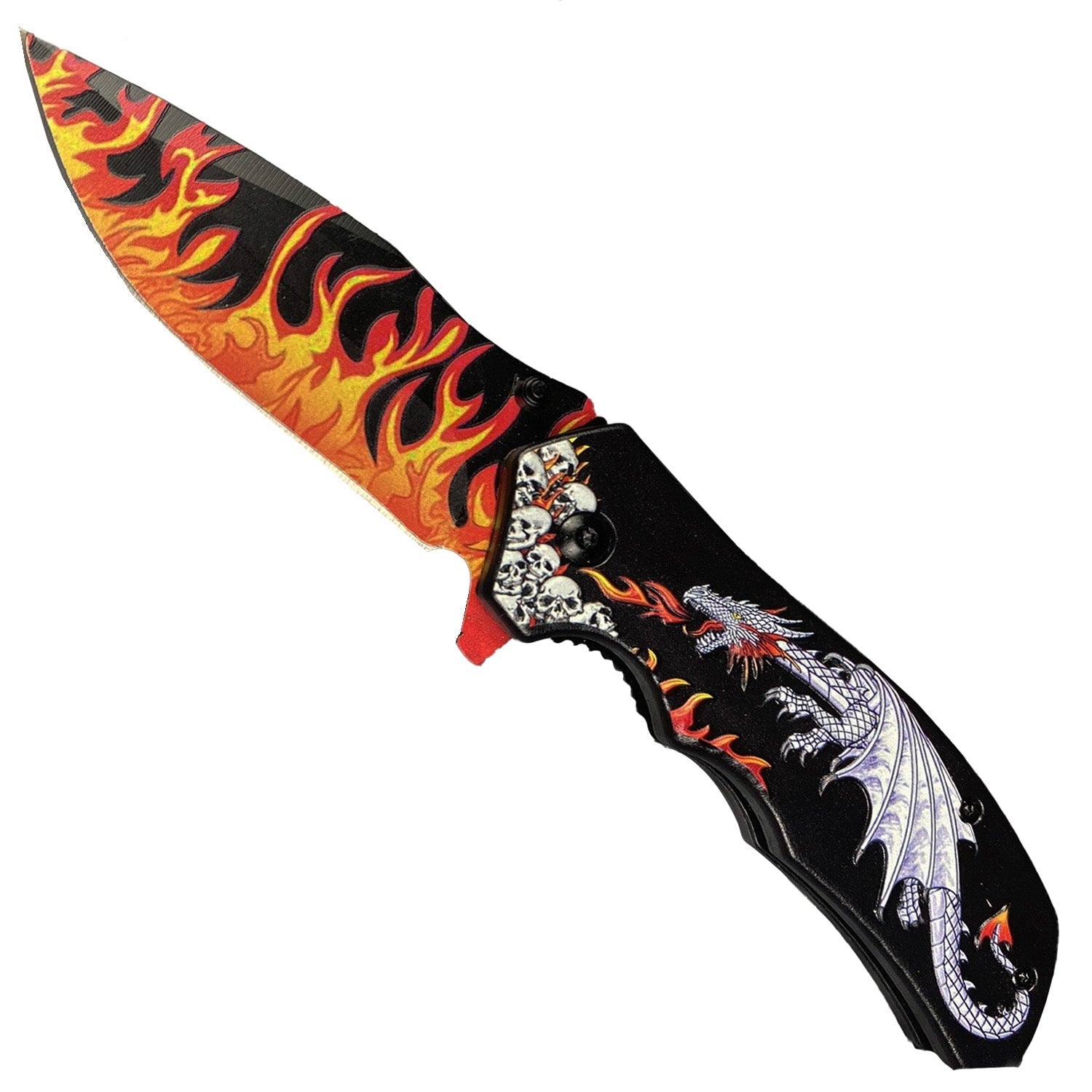 8.25" Overall in Length Spring Assisted Knife White Dragon Red Flames