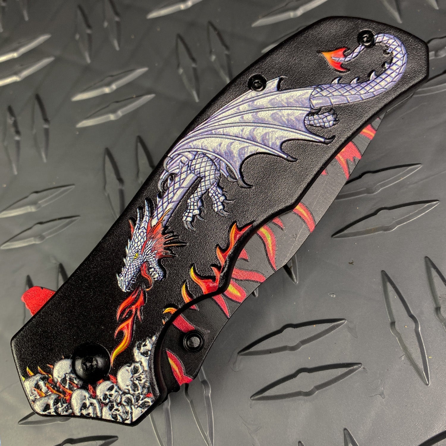 8.25" Overall in Length Spring Assisted Knife White Dragon Red Flames