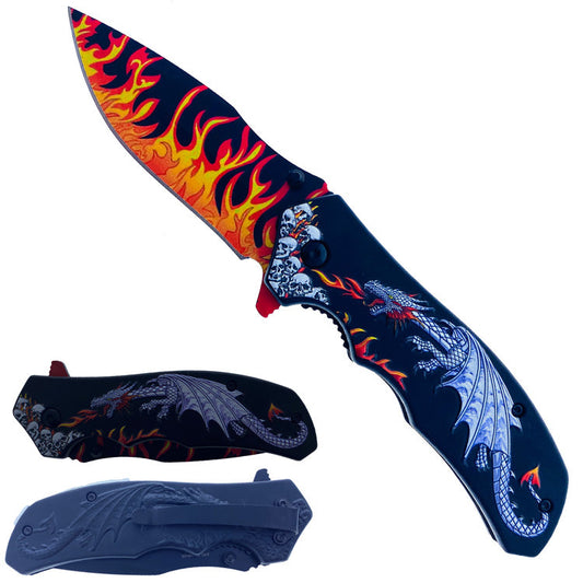 8.25" Overall in Length Spring Assisted Knife White Dragon Red Flames