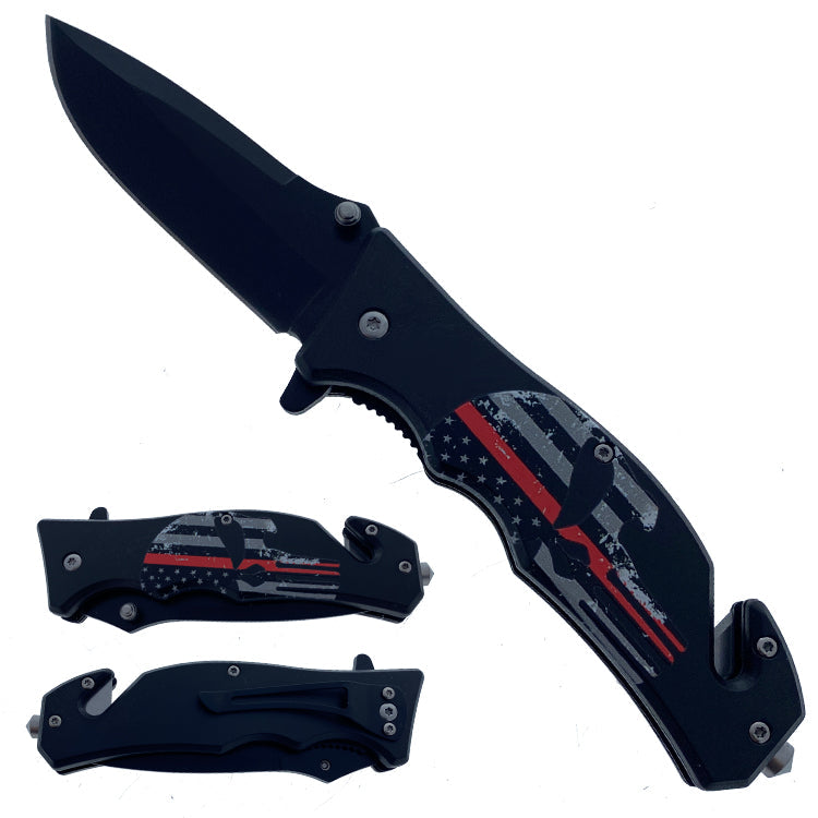 8" Overall Semi Automatic Folding Knife W/ Glass Breaker Red Skull