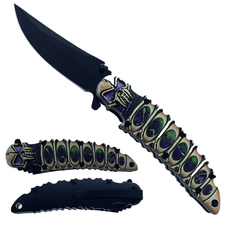 8.25" Skull Handle Spring Assisted Knife with Belt Clip - Purple & Green