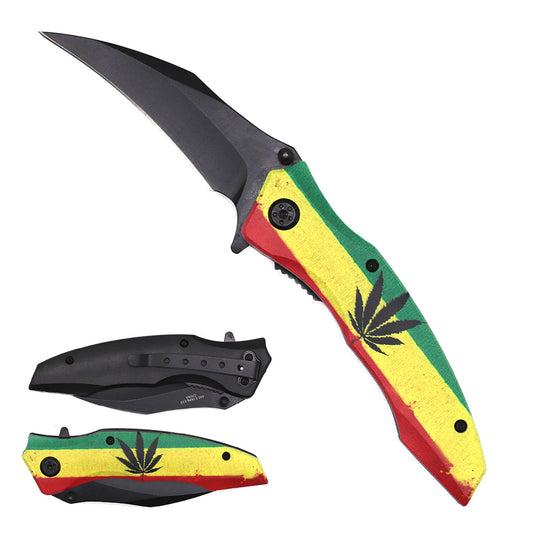 7.75" Spring Assisted Knife Marijuana Flag Design