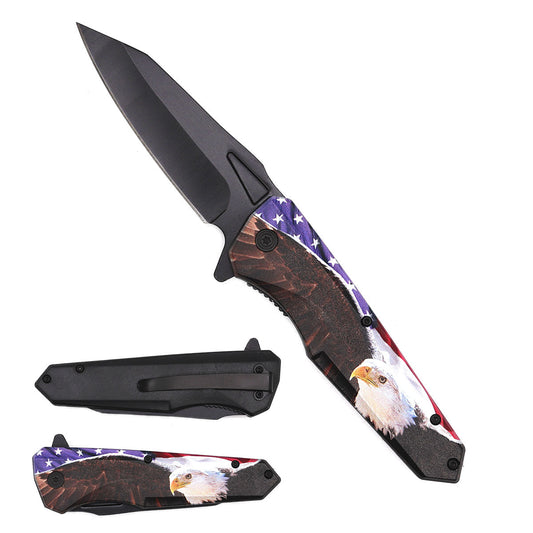 7.75" Spring Assisted Knife Eagle US Flag ABS Handle