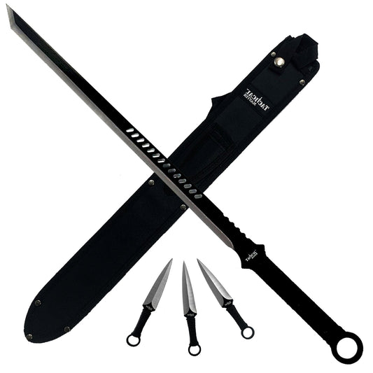 28" Black Machete w 3 Throwing Knives