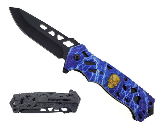 8.5" Spring Assisted Knife Blue Thunder Skull