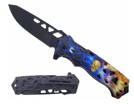 8.5" Spring Assisted Knife Blue & Yellow Thunder Skull