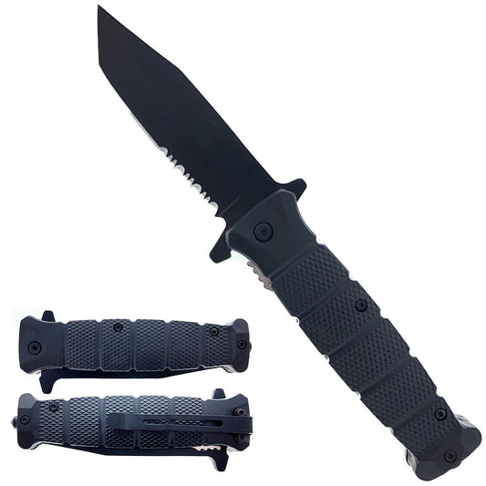 3.5" Black Tanto Blade, 4.75" Black Leather Like Handle