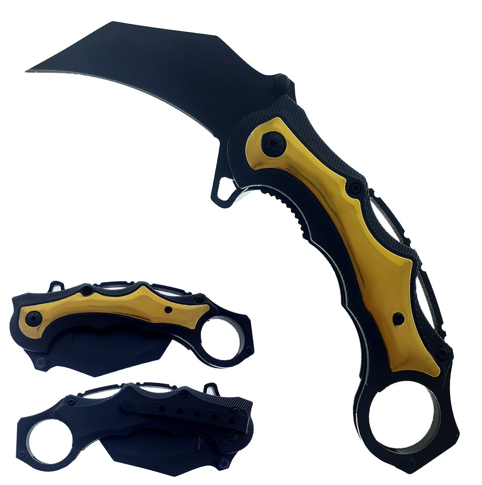 7" Gold Spring Assisted Karambit Gold & Wood ABS handle