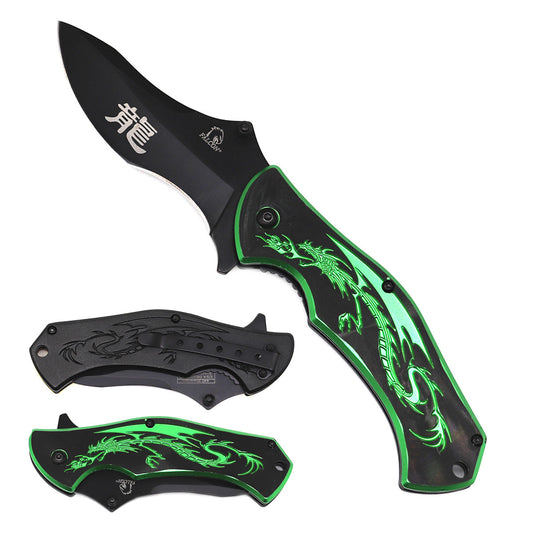 Falcon 7.75" Black and Green Dragon Spring Assisted Knife