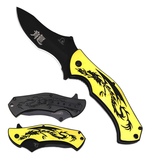 Falcon 7.75" Gold & Black Dragon Spring Assisted Knife