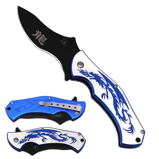 Falcon 7.75" Black and Blue Dragon Spring Assisted Knife