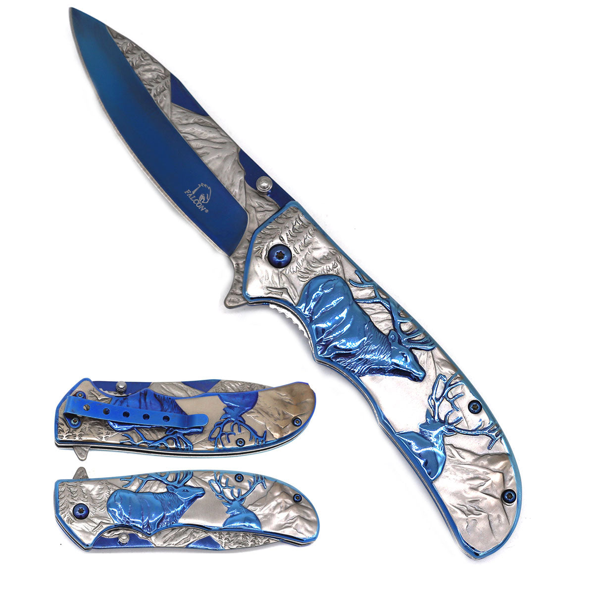 8 1/2" Spring Assisted Pocket Knife w Silver/Blue Deer Design