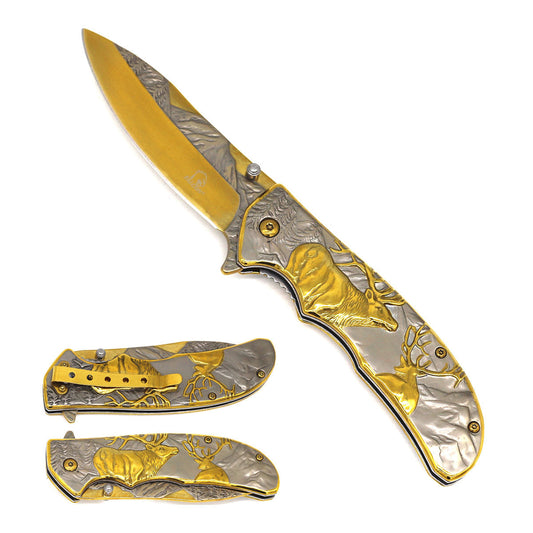 8 1/2" Spring Assisted Pocket Knife w Silver/Gold Deer Design