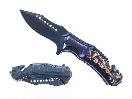 7.75" Spring Assisted Knife ABS Inlaid Purple Hat Skull 3D Printing Handle