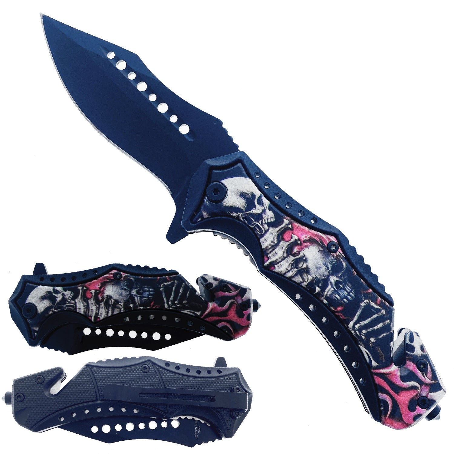 7.75" Spring Assisted Knife ABS Inlaid Red Skull 3D Printing Handle