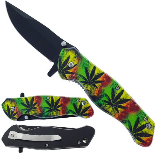 7.5" Spring Assisted Pocket Knife Marijuana Leaf Handle