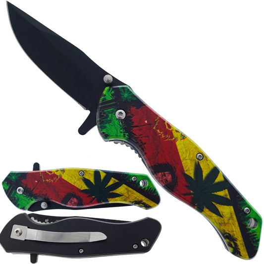 7.5" Spring Assisted Pocket Knife Marijuana Jamaica Handle