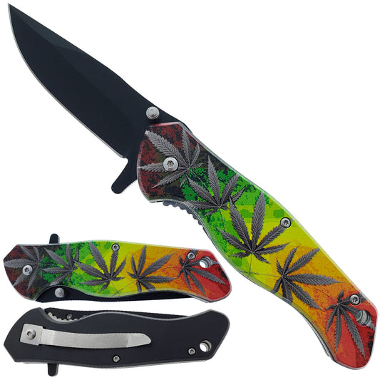 7.5" Spring Assisted Pocket Knife Marijuana Flag Handle